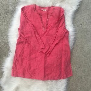 Eileen Fisher Irish Linen Coral Pink V-Neck Sequin